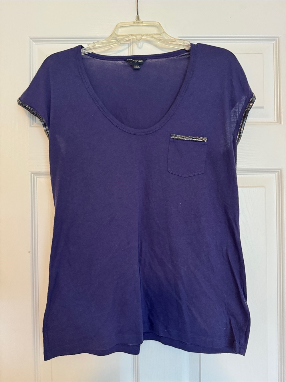 Banana Republic Purple Scoop Neck Tee with Beaded Pocket & Sleeve Trim